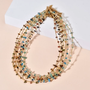 Colorful irregular stone beaded necklace with gold metal accents and lobster clasp