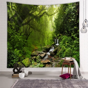 Detailed view of forest landscape tapestry hanging on a white brick wall in a cozy room