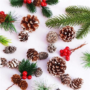 Detailed set of white pine cones, red berries, and artificial pine needles for Christmas