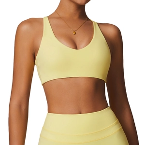 Ensemble de sport jaune vif avec brassière col en V et legging de yoga taille haute mat