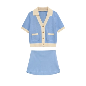 Knitted Skirt Outfit Contrast Color Short Sleeve Cardigan Gold Buttons Lapel V Neck Preppy Style Retro Women Casual