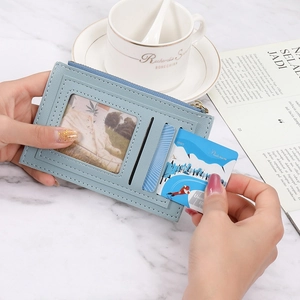 Slim light blue PU leather card holder with zipper and transparent photo slot