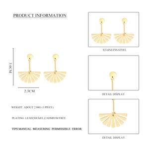 French style 18K gold fan-shaped hollow stainless steel drop earrings with size details
