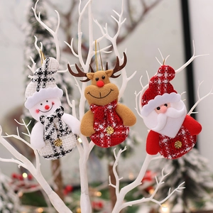 Christmas plush ornaments set with Santa, reindeer and snowman on white branch
