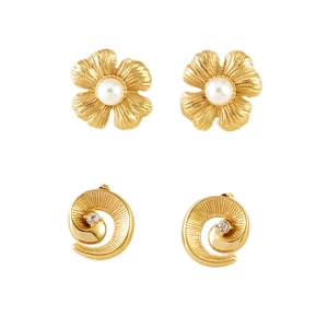 Golden flower pearl earrings and spiral crystal studs in polished stainless steel