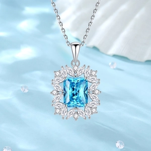 Luxury S925 silver necklace featuring a rectangular blue gem with radiant white diamonds
