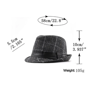 Classic checkered fedora hat specifications with head circumference and brim measurements