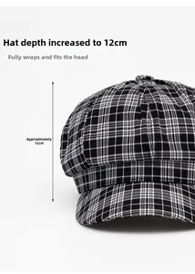 Detail of plaid newsboy cap showing 12cm deep crown design for a comfortable full fit