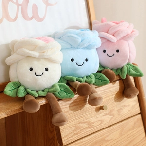 Three plush rose flower dolls with cute smiling faces in cream, blue, and pink colors