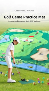 Detalle de alfombra de golf infantil con zonas de puntuación y set de accesorios pro