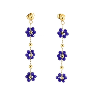 Boucles d'oreilles bohèmes en acier inoxydable doré 18K avec fleurs en perles bleues