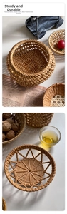 Close-up of natural rattan woven coasters and snack trays on a white tabletop