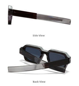 Detailansicht der rechteckigen Sonnenbrille mit UV400-Schutz und Rahmenstruktur