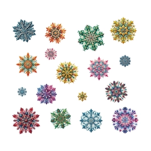 Colorful crystal snowflake window decals set with intricate mandala designs for Christmas decor