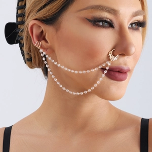 Chaîne de nez ethnique dorée à double couche avec perles de cristal pour femme