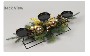 Detailed back view of a 3-cup Christmas candle holder with golden baubles and pine cones
