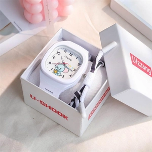Close-up of square white silicone watch with cute elephant dial in a premium gift box