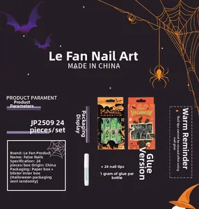 Detail view of Halloween fake nails kit JP2509 with pumpkin and spider web designs