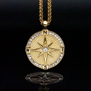 18k gold plated stainless steel compass pendant necklace with sparkling cubic zirconia