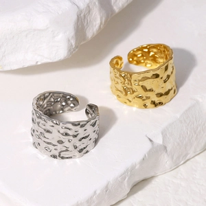 Hammered Stainless Steel Adjustable Open Ring For Women 18K Gold Plated Irregular Chunky Punk Minimalist Jewelry