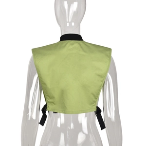 Back view of fruit green utility vest with black rib neck and adjustable side straps