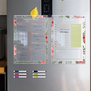 Magnetic acrylic weekly planner and to-do list with floral design on refrigerator