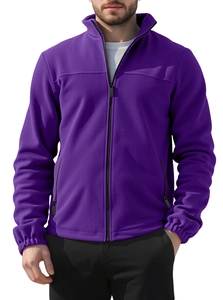 Detail of purple polar fleece texture on men's stand-up collar zip-up sweatshirt