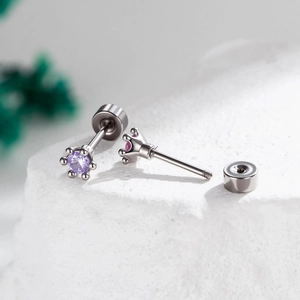 Polished silver screw back stud earrings with sparkling purple round gemstone insets