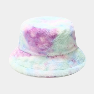 Macro shot of thick fuzzy tie-dye bucket hat showing soft faux fur texture in pastel colors