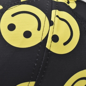 Macro view of high-density black fabric featuring yellow inverted smiley face prints