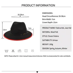 Classic wool fedora jazz hat for men and women with detailed size chart information