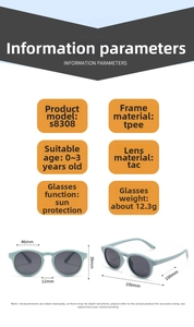 Detailed size chart and specs for baby silicone sunglasses model S8308 with TPEE frame