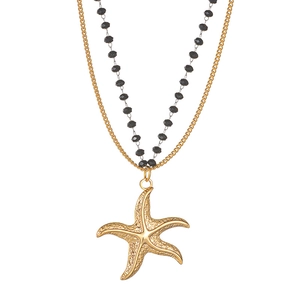 Double-layer stainless steel necklace with black beads and a gold starfish pendant