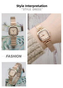 Detail of rose gold square watch with roman numerals and slim chain strap on wrist