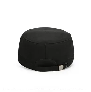 Back view of black flat top cap featuring adjustable silver metal buckle and twill fabric