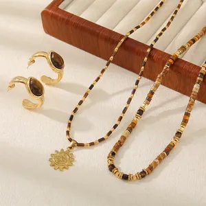 Collier Perles Pendentif Soleil Pierre Oeil De Tigre Acier Inoxydable Fait Main Bijoux Bohème Vintage Femmes