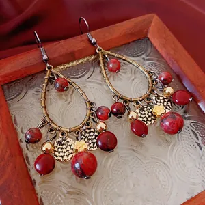 Boucles Oreilles Pendantes Vintage Pierre Naturelle Ethnique Goutte Évidée Alliage Perles Pompon Bijoux Bohème Femmes