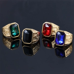 Gold-plated stainless steel Freemasonry rings with colorful square gemstones set on black