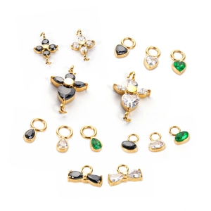Golden stainless steel clover and heart charms with colorful zircon for jewelry making