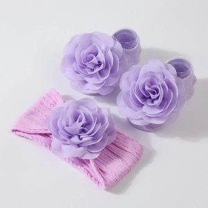 Ensemble de 3 pièces bandeau bébé en tricot jacquard violet et chaussettes à fleurs