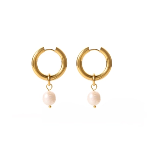 Minimalist gold hoop earrings featuring elegant white freshwater pearl pendants for women