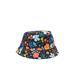 Kids black sun hat with colorful floral print and wide brim for girls and boys