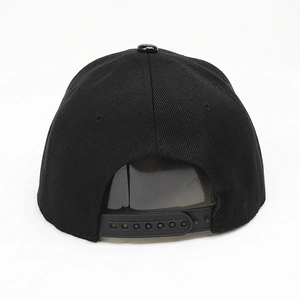 Rear view of black flat brim hip hop hat showing adjustable plastic snapback closure