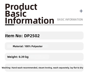 Detailed specifications for model DP2502 knitted shawl showing material and care instructions