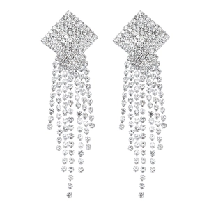 Sparkling silver rhinestone tassel earrings with geometric diamond-shaped studs