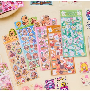 Detail showing various Kapibala themed cartoon stickers with vibrant motifs and cute patterns