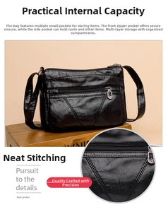 Détail du sac à bandoulière en cuir PU noir avec compartiments à fermeture éclair