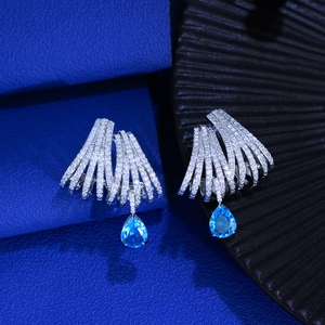 Luxurious S925 silver earrings with multi-row pavé diamonds and a pear-cut blue gemstone
