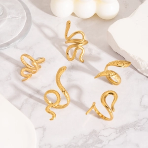Snake Ring Gold Plated Stainless Steel Scale Texture Adjustable Open Wrap Spiral Jewelry For Men Women