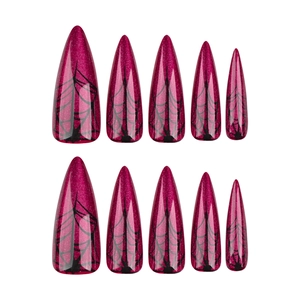 Gothic red cat eye stiletto press-on nails with black spider web pattern for Halloween